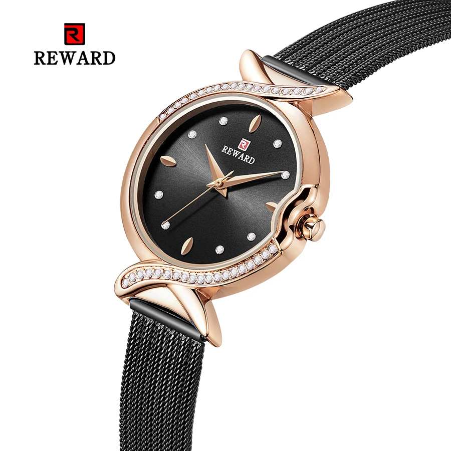 

REWARD Black Womans Watch Ladies Wrist Watches Quartz Bracelet Diamond Crystal Clock Women Steel Waterproof relogios femininos