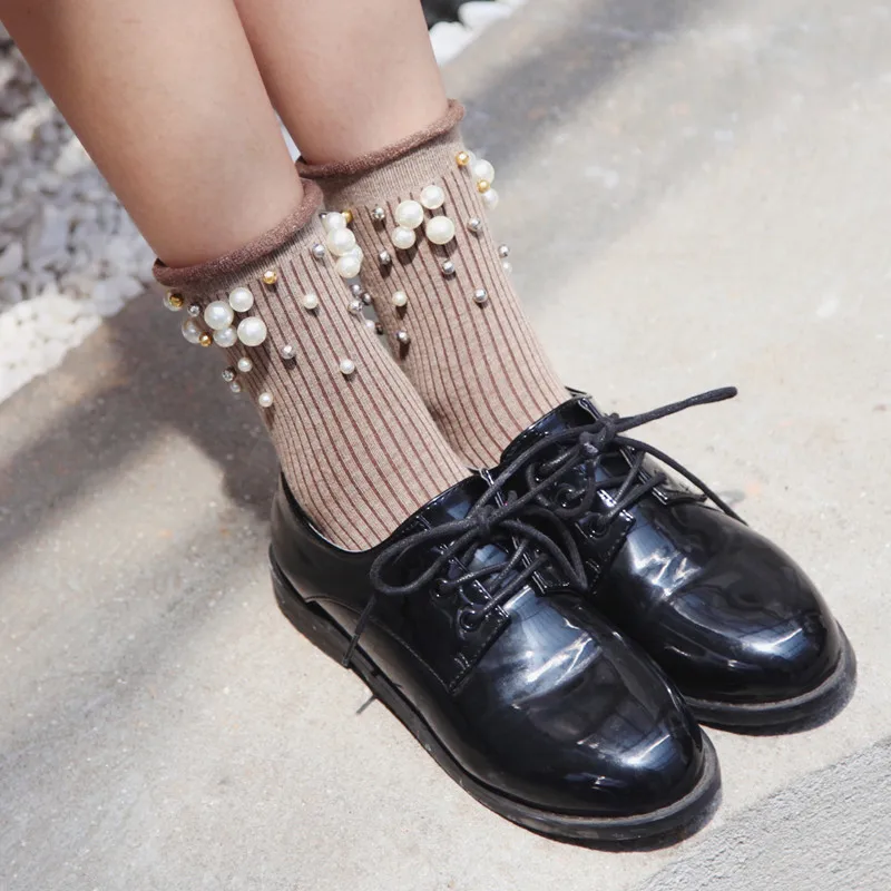 Women Socks Pearl Decoration Cotton Shiny Harajuku Ankle Socks Female Art Funny Short Socks Women Socks Pearl Decoration Cotton Shiny Harajuku Ankle Socks Female Art Funny Short Socks