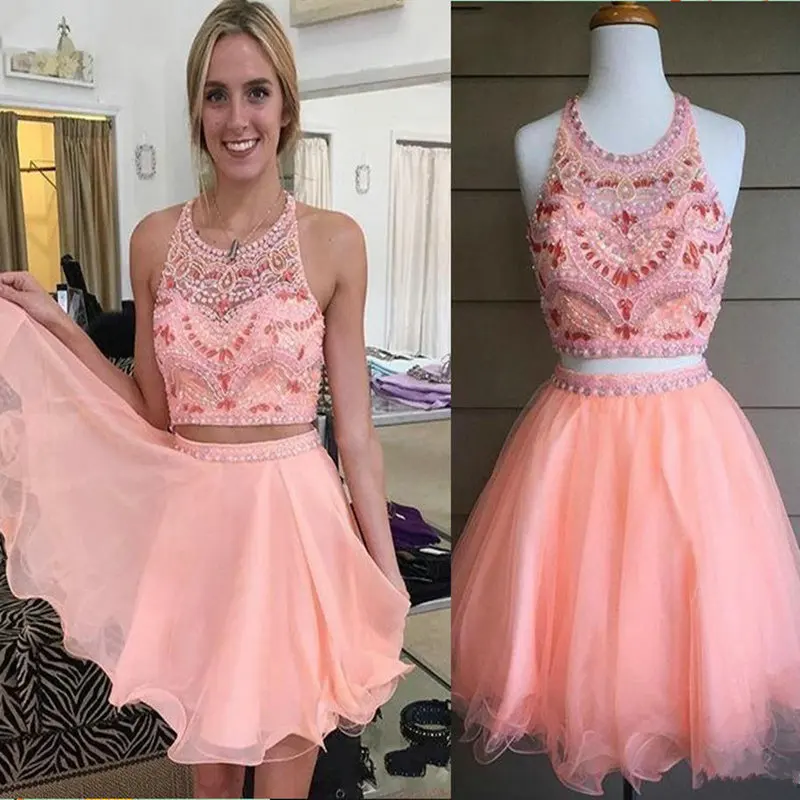 

Elegant Two Pieces Pink Short Prom Dress for Graduation Sexy Beaded Crystals Backless Evening Dress A-Line Tulle Homecoming Gown