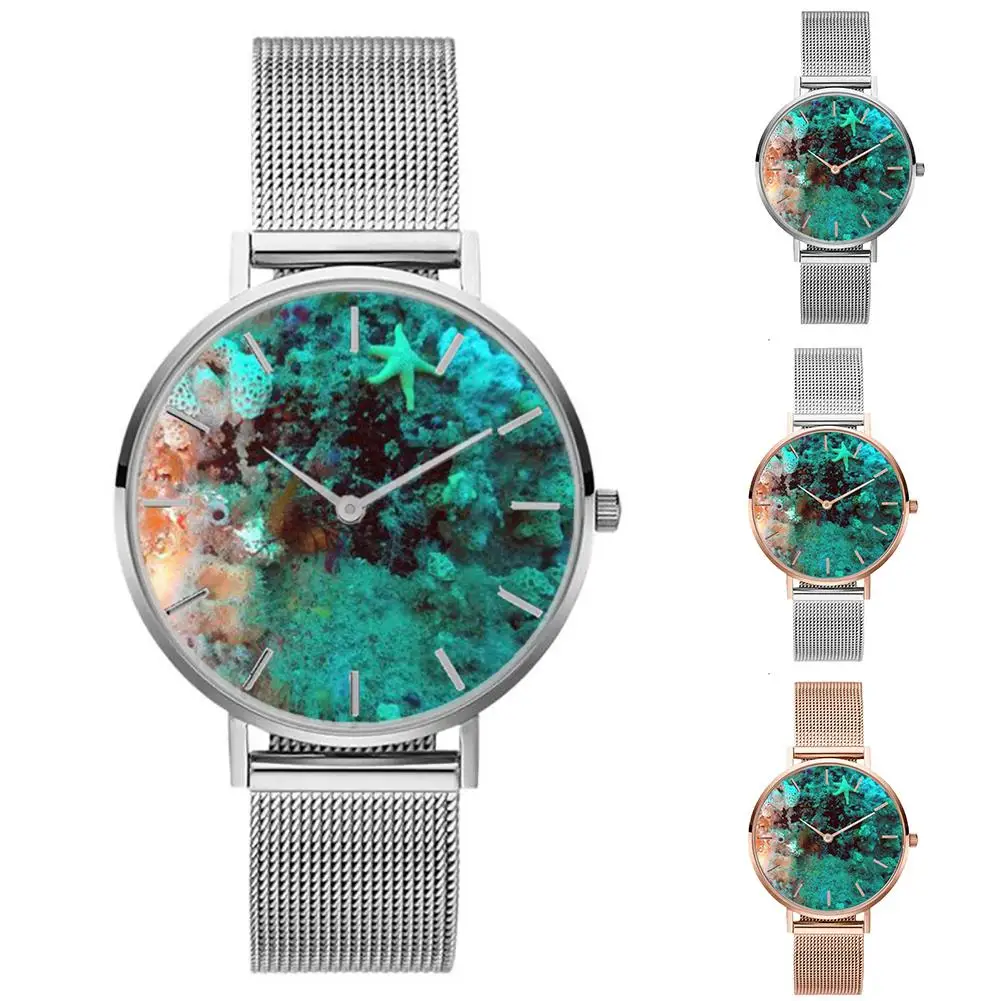 

2018 New Popular Unisex Mesh Band No Numbers Pointer Round Dial Sea Shell Starfish Wrist Watch