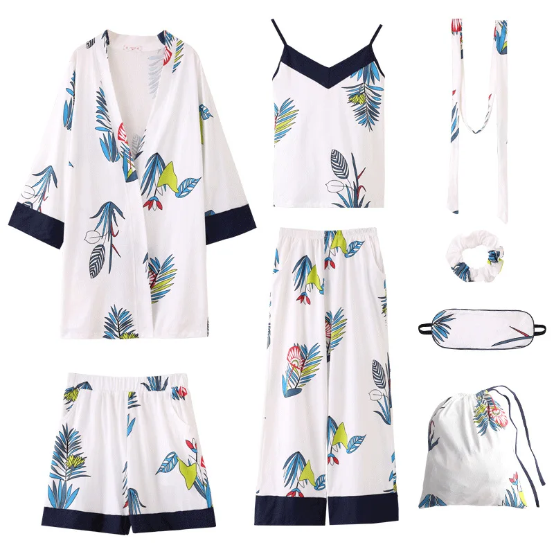

autumn 7 Pieces Set Cotton Elegant Women Pajamas Full Shorts Long Sleeve + short pants Top Elastic Waist Pants Silk Lounge Robe
