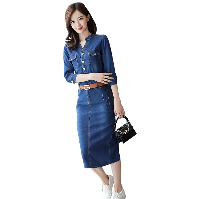 

Denim Jean Dress Women Slim Autumn Fall Cowboy Dress Girl Long Denim Casual Dresses Female Fashion Blue Clothing