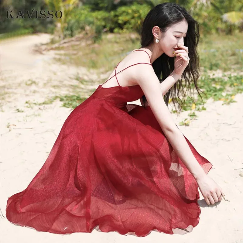 

KAVISSO Sexy Backless Sling Dress Lady Summer Holiday Beach Dress Gray Red Boho Dress Solid Chiffon long dress 2018 vestidos