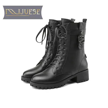 

MLJUESE 2019 women ankle boots cow leather winter warm fur buckle strap black color women motorcycle boots women boots