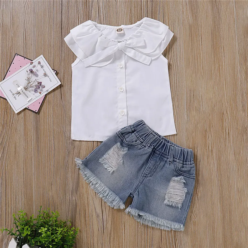 

1-4Y Fashion Summer Kids Baby Girl Clothes Sets Sleeveless Bow Tie Tank Tops Holes Denim Shorts 2Pcs Children Girls Outfits 1-4Y