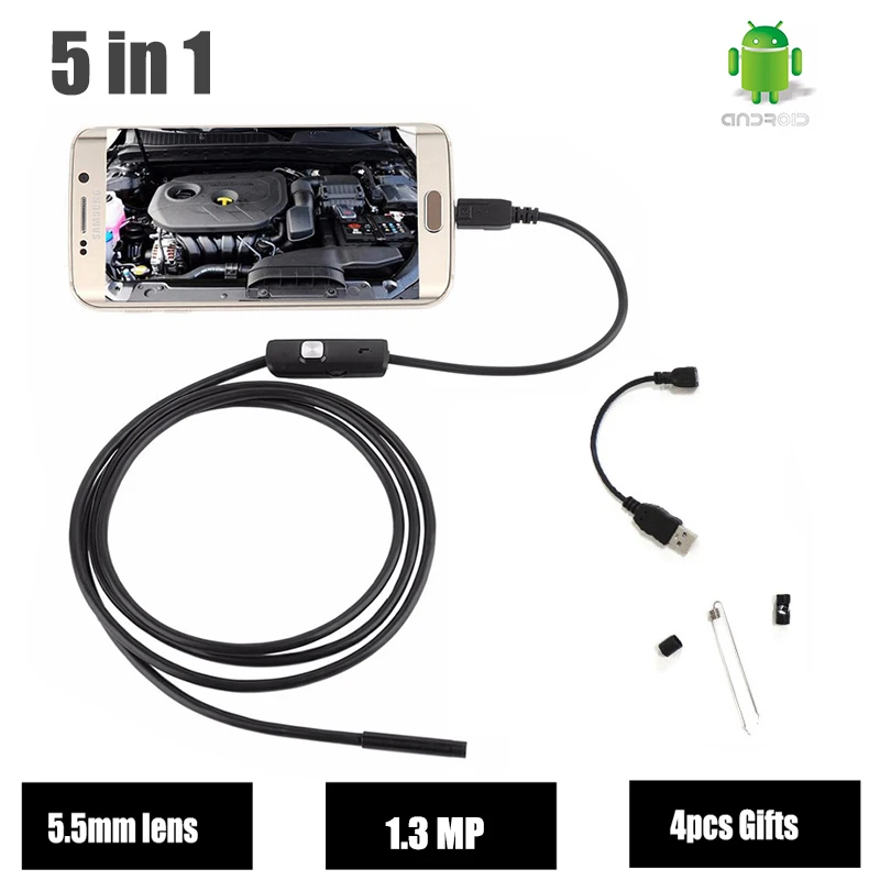 HD эндоскоп с USB Android 720P объектив 5 мм камера МП в виде змеиной трубки автомобильный