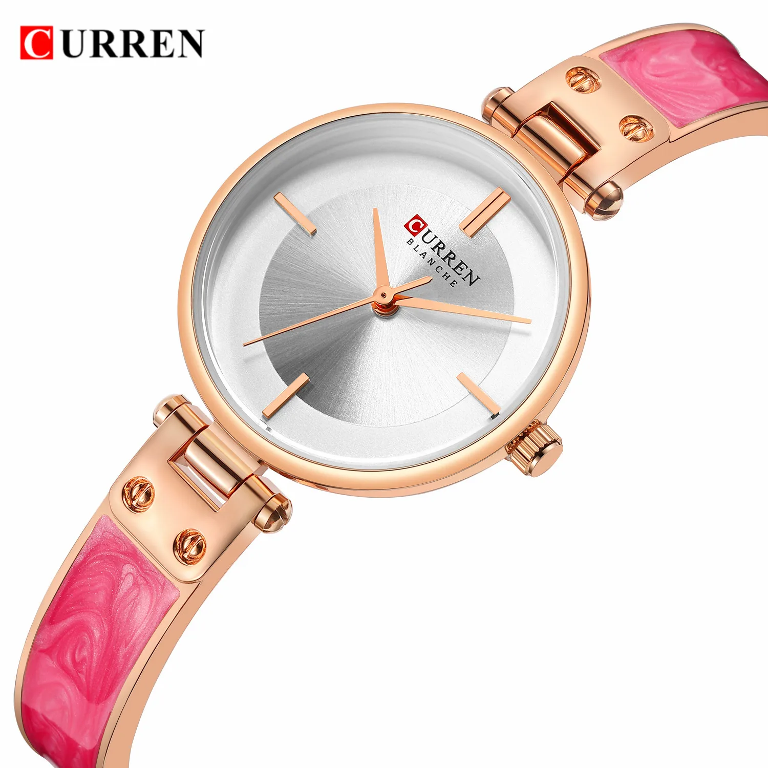 

CURREN Brand Womens Dress Watches Pink Strap Ultra-Thin Golden Round Dial Quartz Wristwatch Steel Bangle Bracelet Relogio Clocks