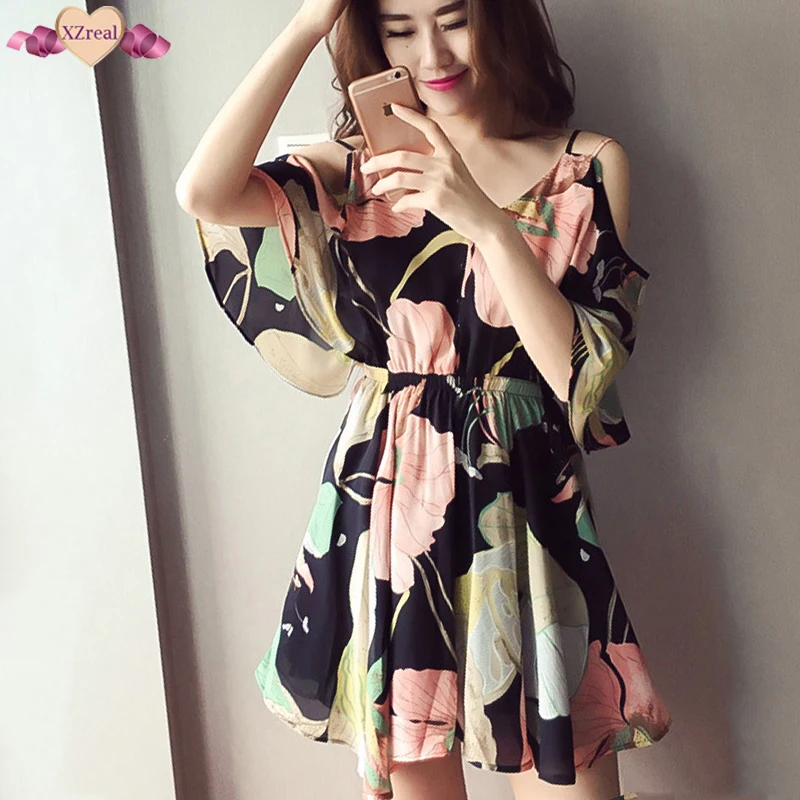 Sexy Print Off Shoulder Dress Beach Summer Women Sundress Ruffles Backless Dresses Floral Tunic Ball Gown