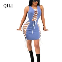 QILI Sexy Lace Up Bandage Women Dress White Blue Sleeveless Zipper Hollow Out Lace Up Mini Dresses Night Club Dress Female navy lace hollow out short sleeves mini dresses with lace up design