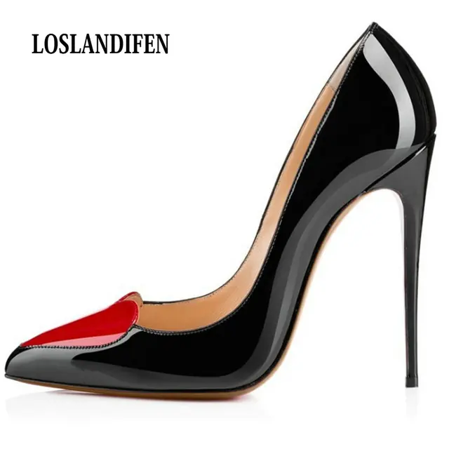 Loslandifen женские матовые на высоком каблуке с острым носком красные в форме сердца шить корсет Стиль работы туфли-лодочки с красной подошвой Туфли-лодочки женщина