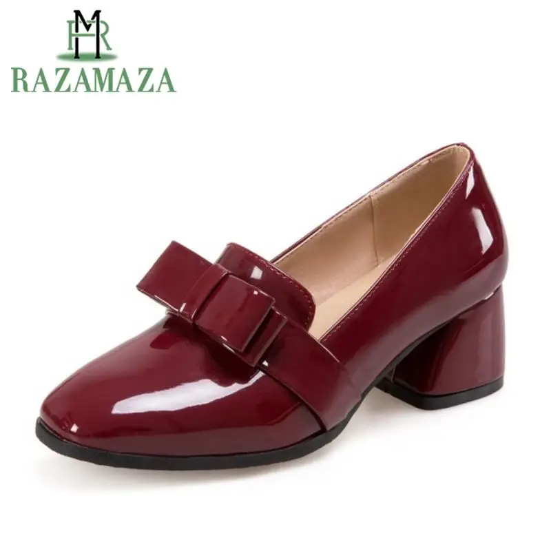 

ZALAVOR Patent Leather Women Pumps Slip On Square Toe Bowknot Thick Heels Shoes Solid Color Daily Girl Shoes Plus Size 32-47