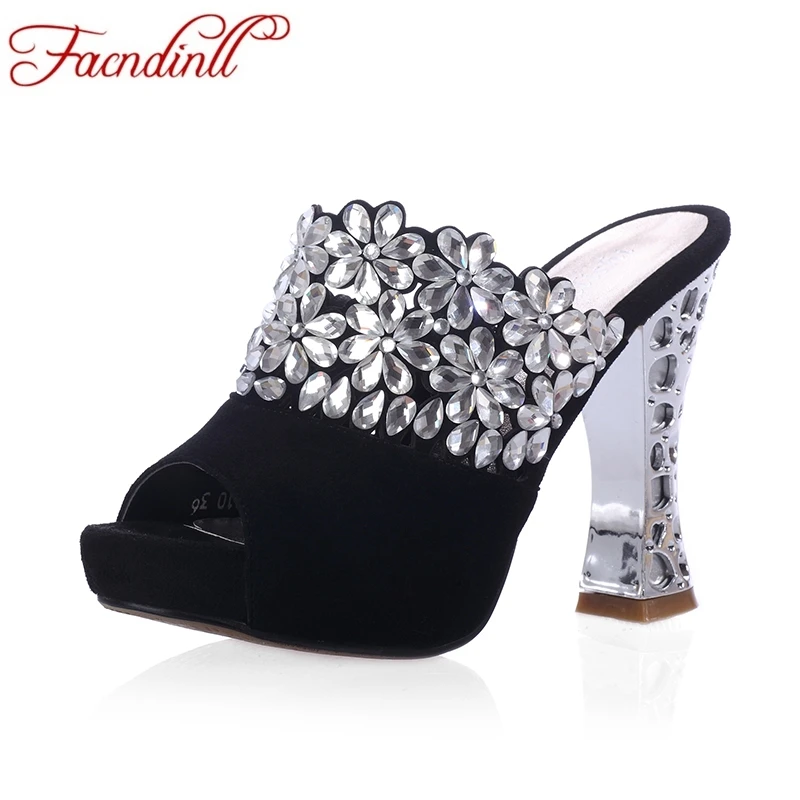 

FACNDINLL genuine leather shoes woman sandals peep toe high heels real leather rhinestone ladies black party shoes size 34-39