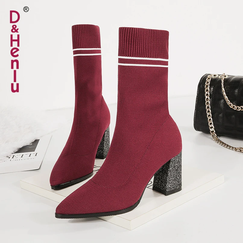 

{D&Henlu}shoes woman 2018new autumn women's boots knitting sock boots Bling thick heels mid calf boots skinny elastic boots