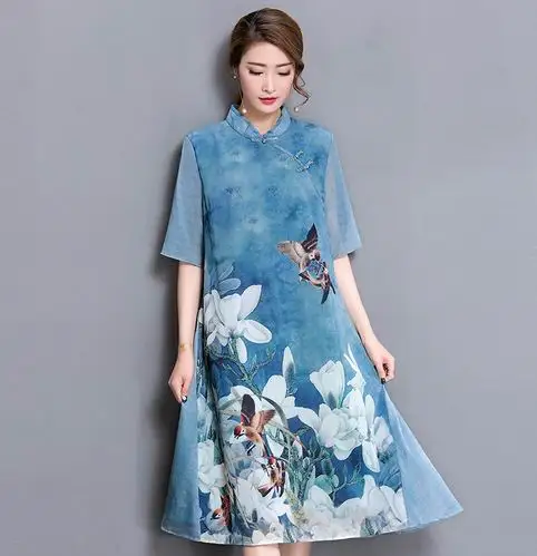 

Elegant Beauty Bird Floral Print Women Silk Dress Half Sleeve Spring Chinese Style Stand Collar Oblique Button Vintage Dresses