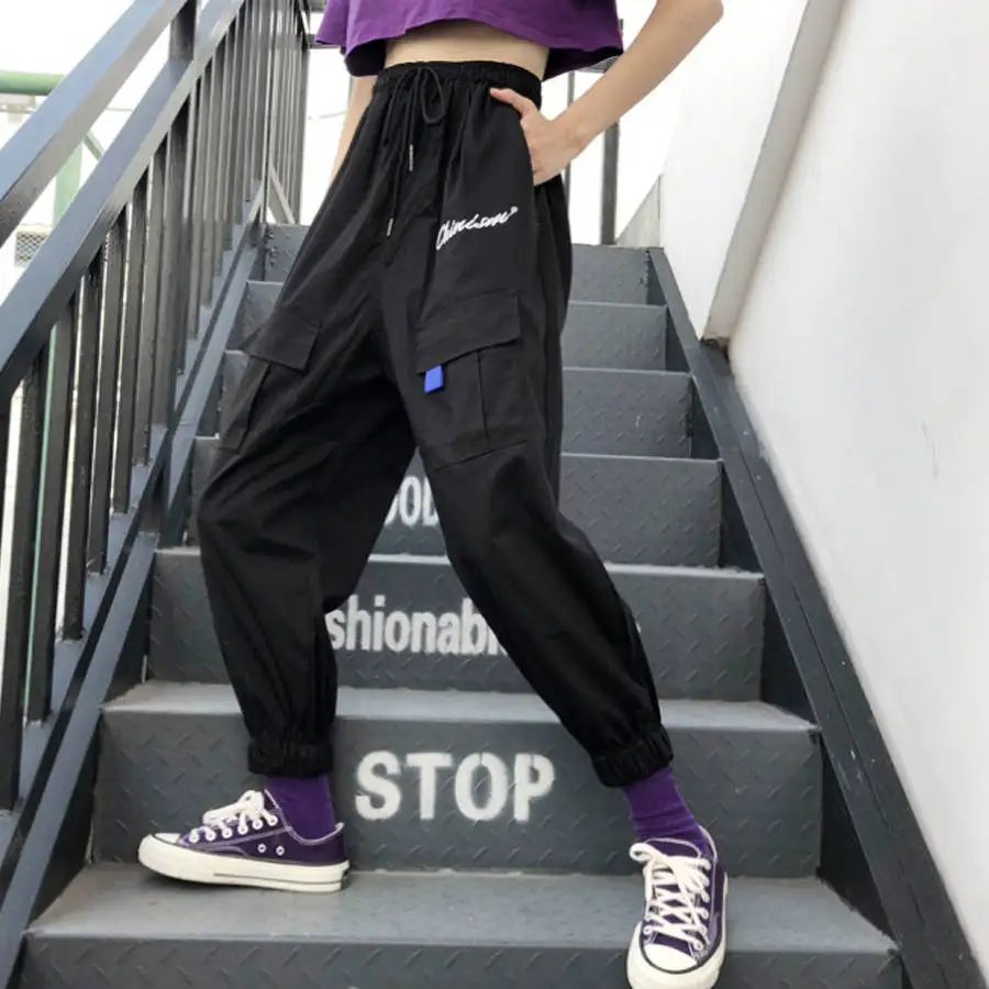 

Cool Harajuku Women Pants 2019 Autumn Korean Style Hip Hop Panter Multi-Pocket Ladies Elastic Waist Cargo Pants Elegant Female