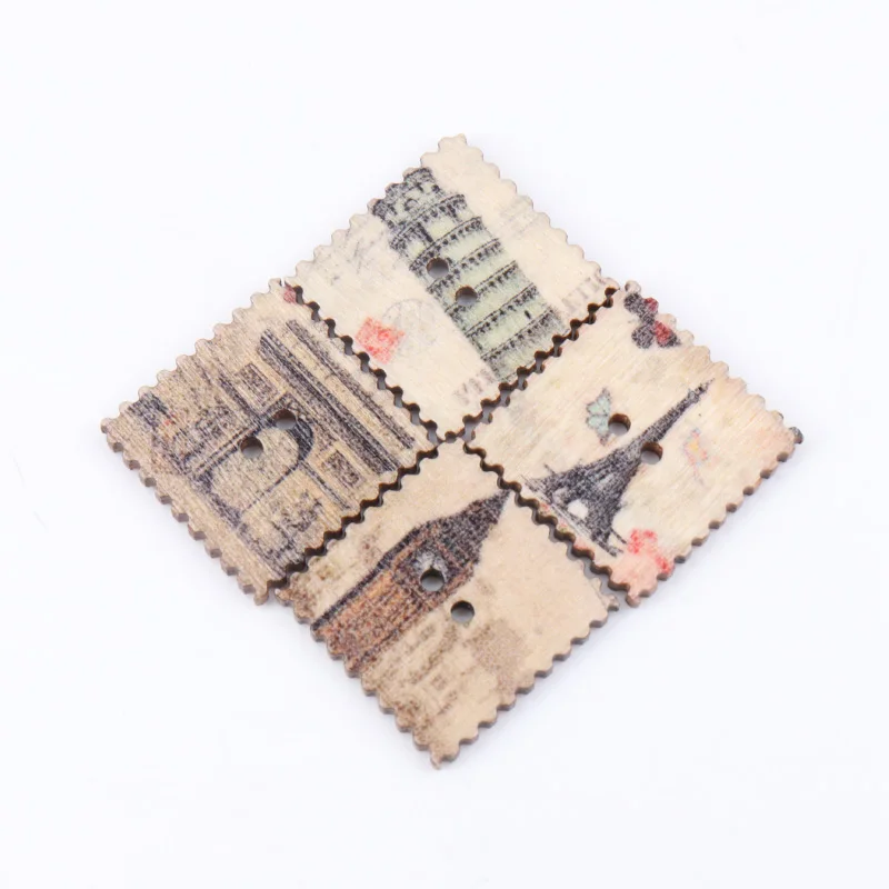 20mm 30pcs Mix Cityscape Painted Postage Stamp Pattern Wooden Buttons 2 Holes Handmade Sewing Scrapbooking Crafts DIY