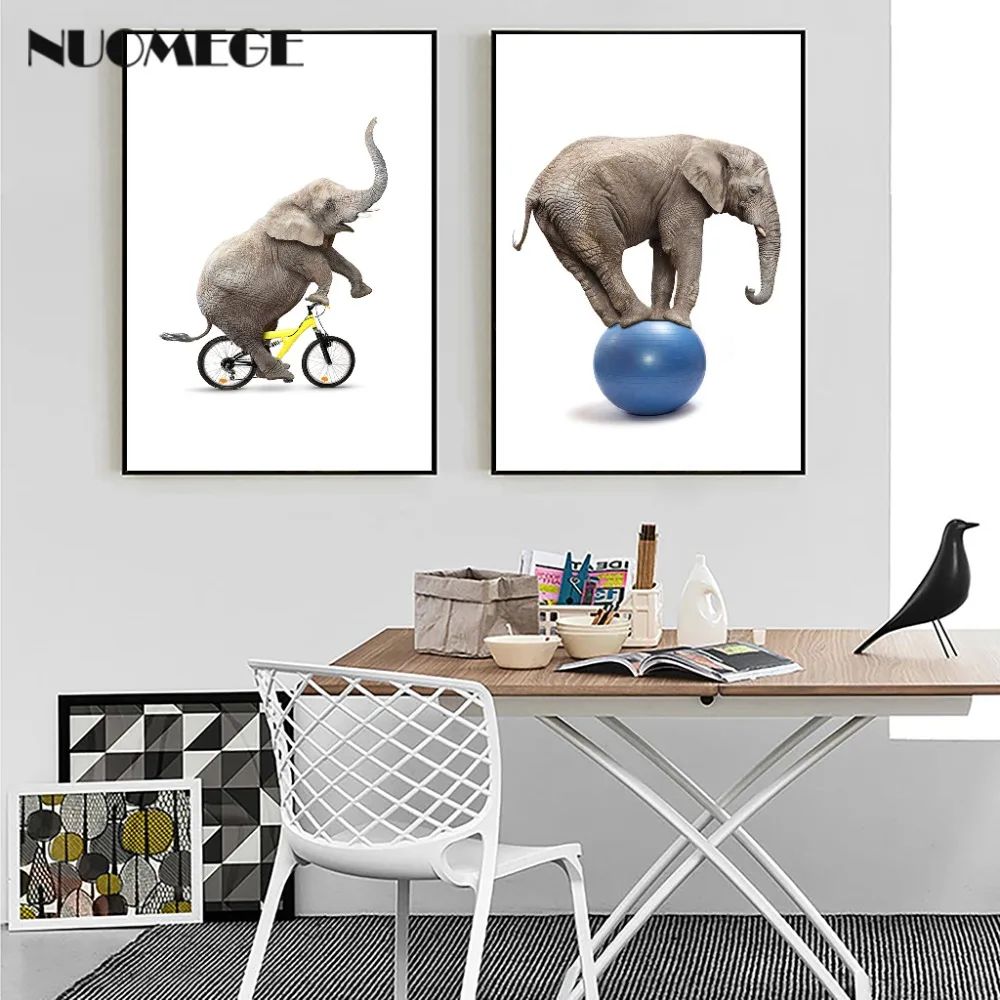 

Nordic Porch Decoration Painting Elephant Foot Step on the Blue Balloon Riding Canvas Art Poster Print Decorative Home Decor