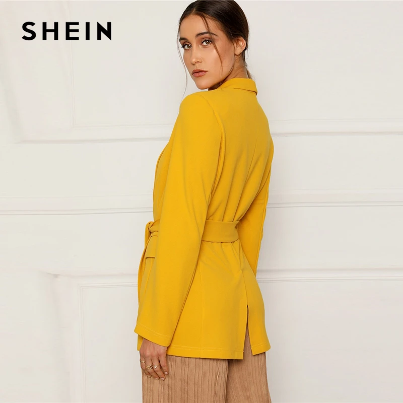 SHEIN Однотонный Блейзер С Поясом Жакет Длинным Рукавом Яркий В Стиле