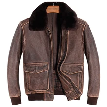 HARLEY DAMSON Vintage Brown Men A2 Pilot Leather Jacket Europe Size XXL Wool Collar Genuine Thick