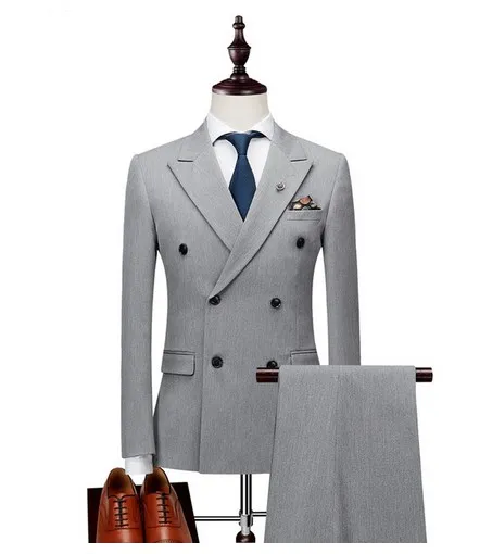 Double Breasted Latest Coat Pant Designs Suit Men Slim Fit Wedding Suits for Men Pure Black Light Grey Tuxedo Jacket+Pants+Vest