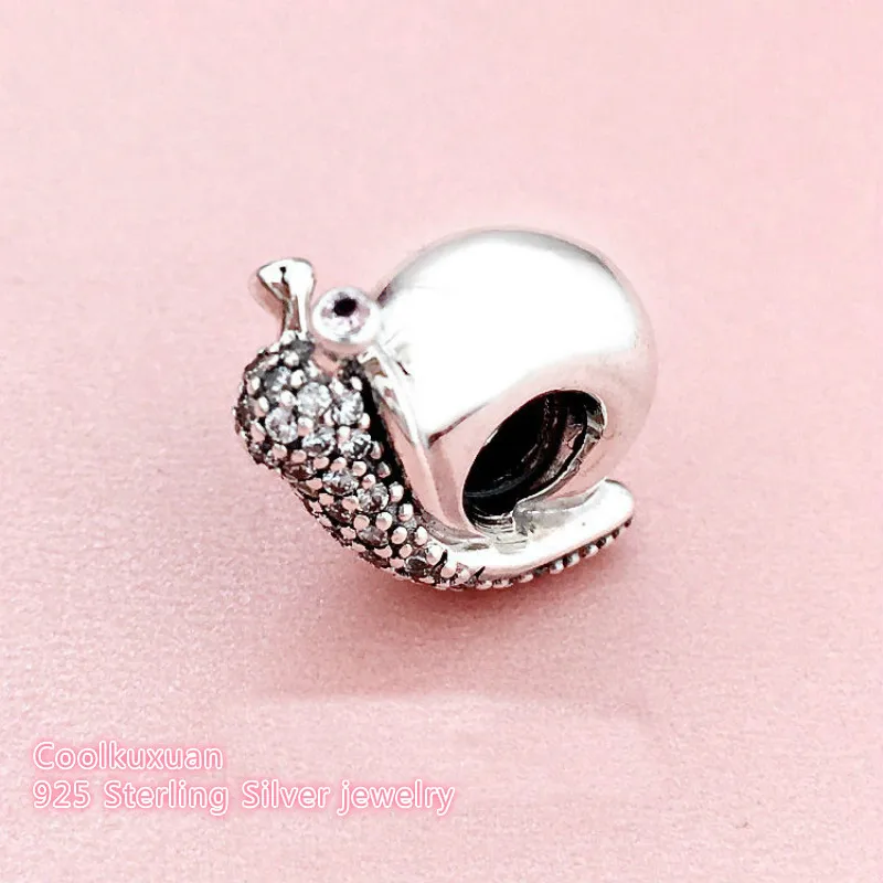 

Spring 925 Sterling Silver Sparkling Snail Charm, Clear & Orchid CZ Beads Fit Original Pandora Charms Bracelet DIY jewelry