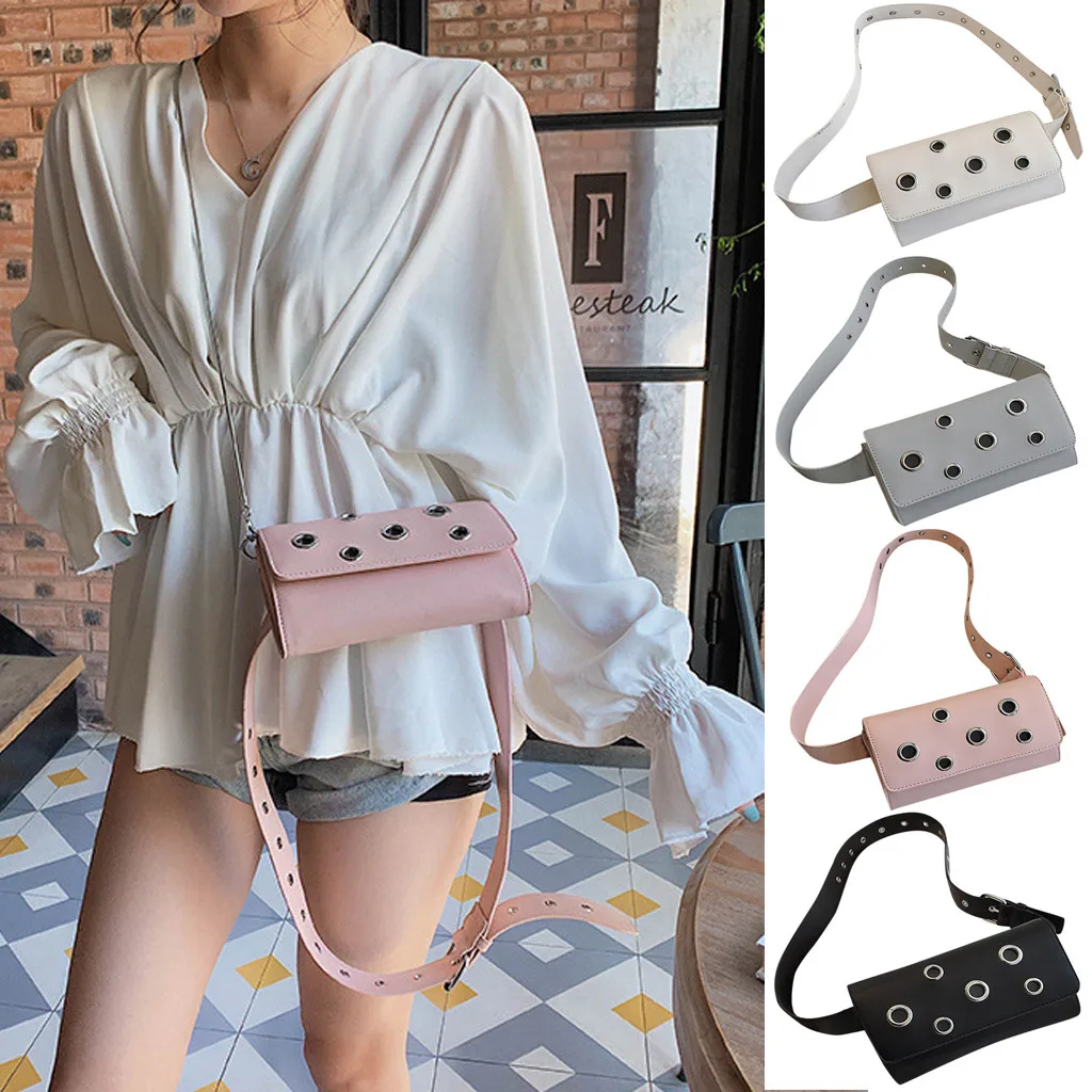 

2019 New Women Messenger Bags Fashion Shoulder Bag Trendy Metal Circles Shoulder Bag Girls Simple Solid Waist Pack Chest Pack