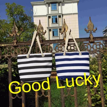 

50pcs/lot free shipping Wholesale china manufacturer canvas stripe navy blue, black beach bag