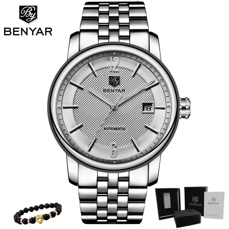 BENYAR Новая мода Топ люксовый бренд кожаные часы Автоматические Мужские часы Мужские механические стальные часы Relogio Masculino - Цвет: Steel-Silver white