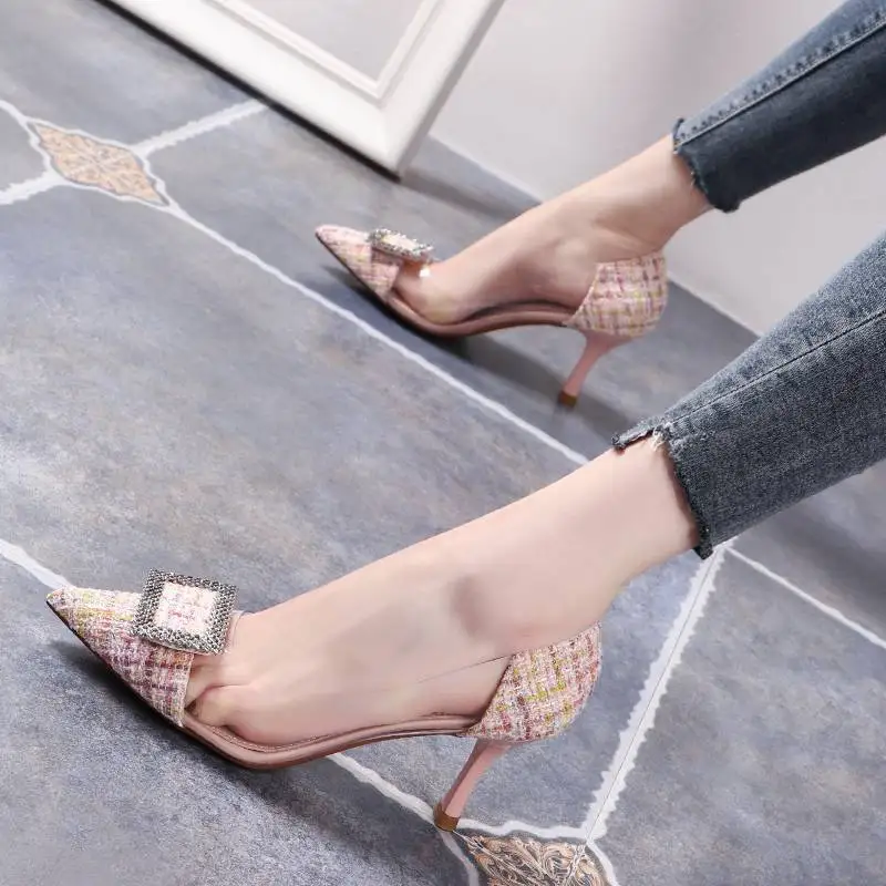 

High-heeled women's fine with rhinestone word buckle with 2019 spring and summer new pointed shallow mouth single shoes