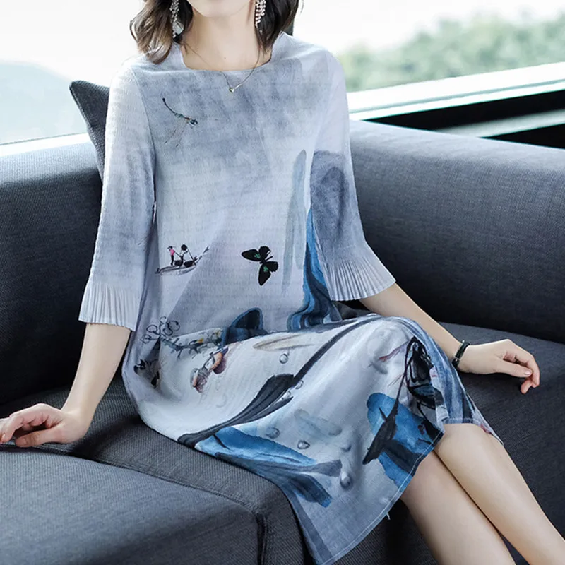 

Azterumi Elegant Vintage Women Pleated Dress Butterfly Ink Print Chinse Style Sleeveless Summer Dress Special Pleats