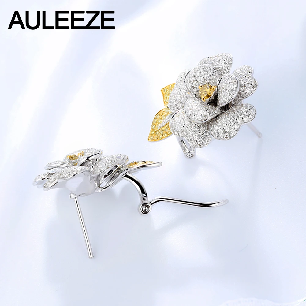 AULEEZE 14K белое золото натуральный желтый сапфир Клипсы Серьги Элегантный Камелия Муассанит Алмаз серьги на свадебную вечеринку