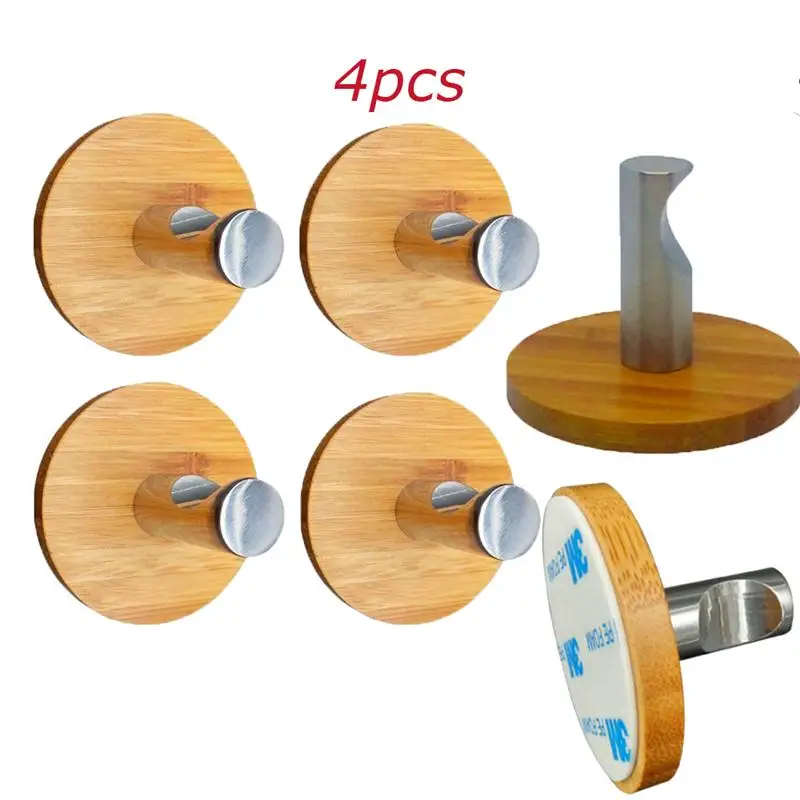 

OUNONA 4 Pcs Notchy Adhesive For Clothes Towel Holder For Home Kitchen Hooks Bamboo Wood & Stainless Steel Wall Hangers