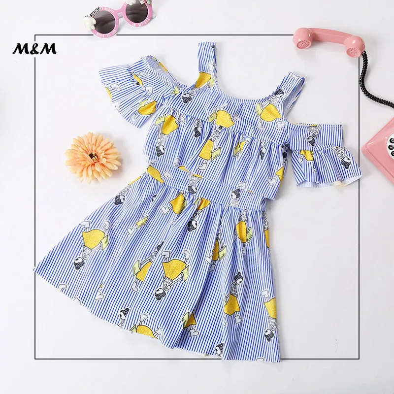 

M&M 6-13 Yrs Old Striped Print One Piece Swimsuit Girl Ruffle Trim Swimwear Off Shoulders Children/Kid Beachwear With Swim Skirt
