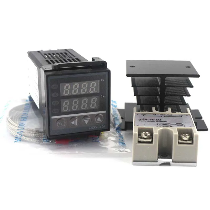 Двойной цифровой PID контроллер температуры комплект REX C100 с SSR 40DA + теплоотвод 2 м