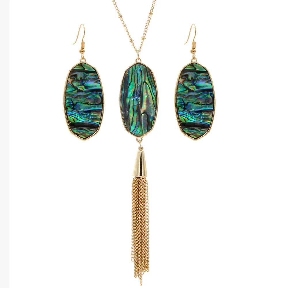 

Statement Oval Pendant Necklace With Drop Earrings Jewelry Set Imitation Abalone Shell IVORY MOTHER OF PEARL