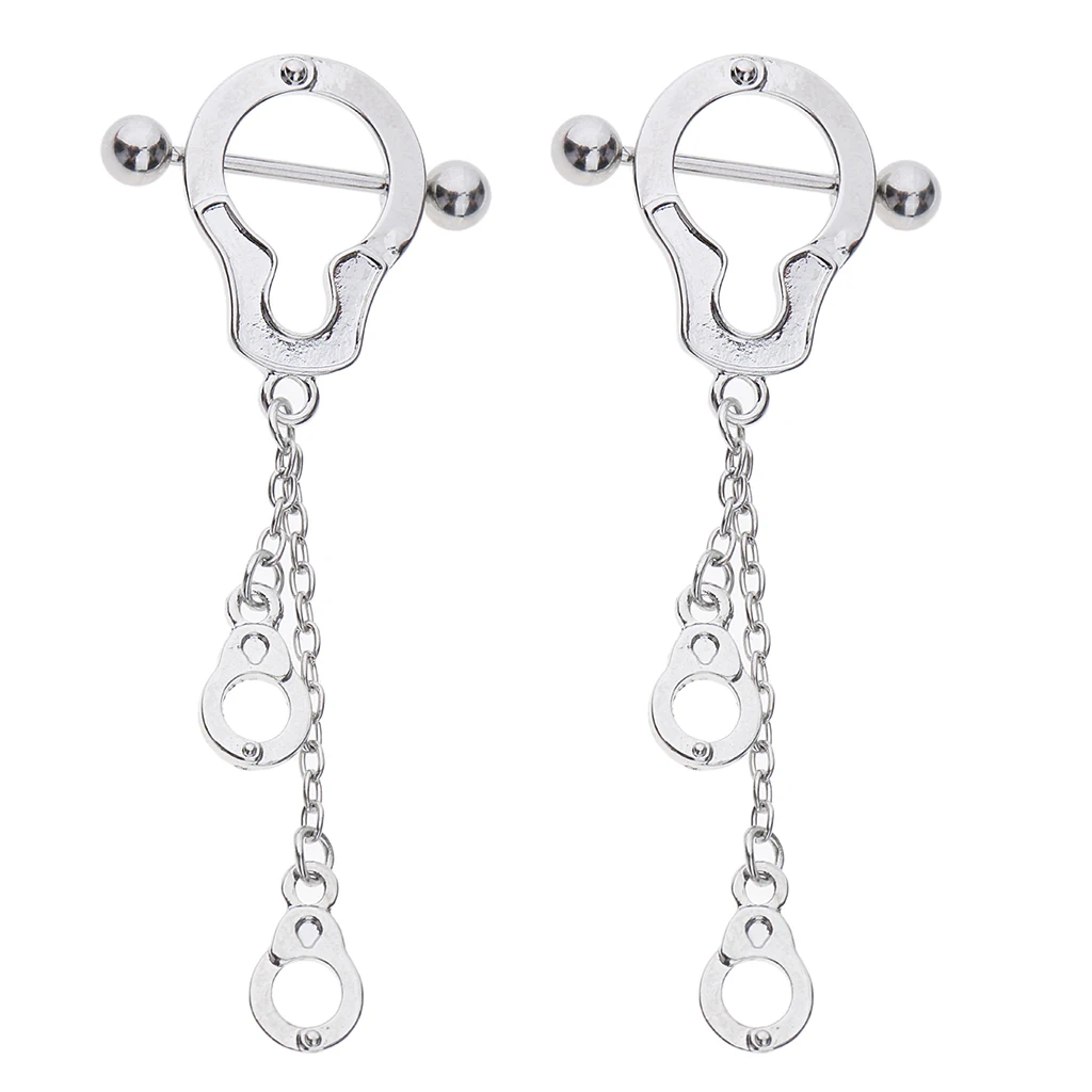 Pair of Stainless Steel Nipple Ring Shield Handcuffs Barbell Body Piercing Jewelry