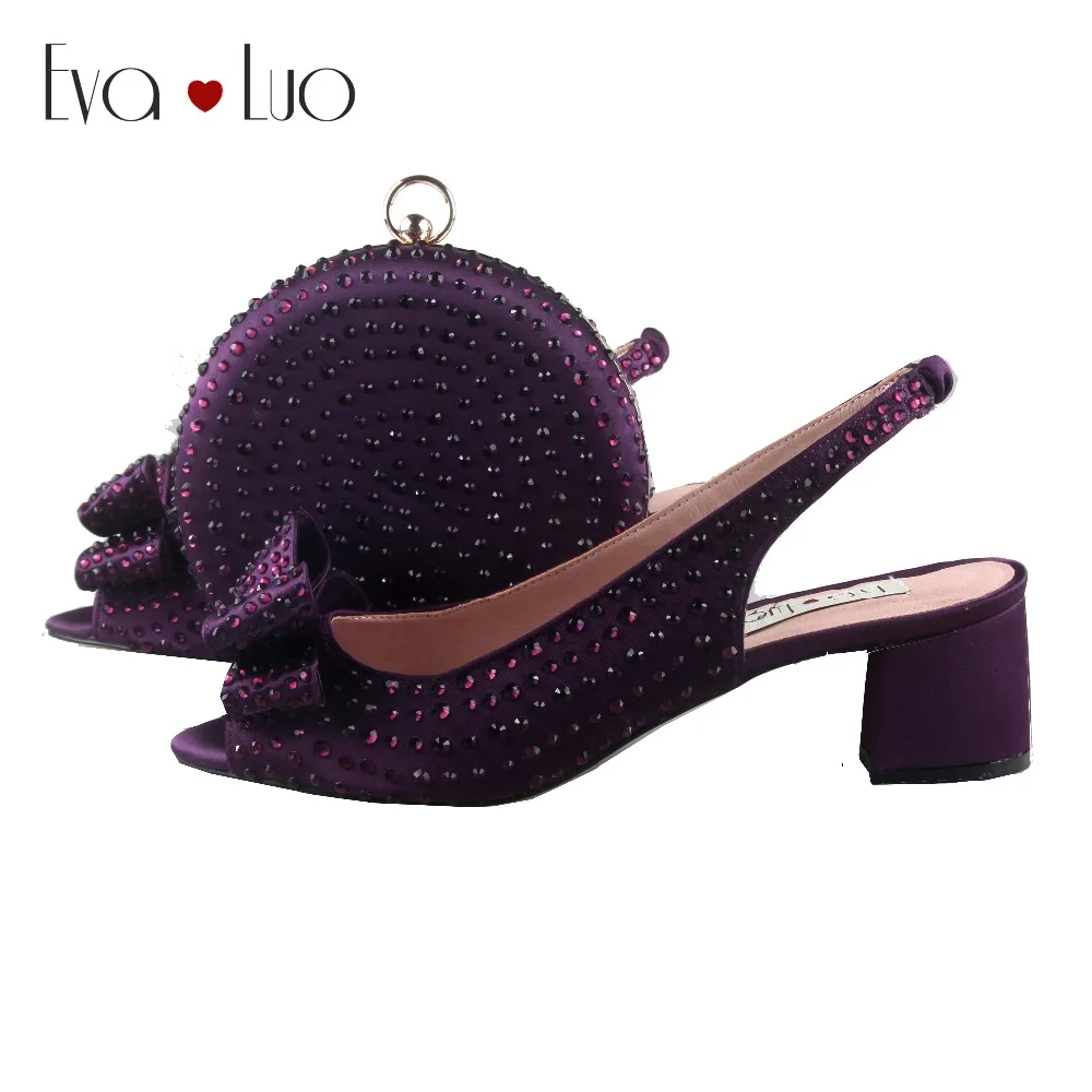 

BS870 Custom Made Purple Crystal African Shoes With Matching Bag Set SlingBacks Dress Pumps Big Size Low Heel Women Shoes