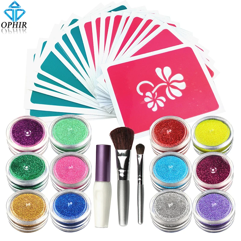 

OPHIR 12 Color Temporary Tattoos Glitter Powder with Stencils & Glue for Body Tattoo Nail Art Acrylic Glitter Body Art Paint