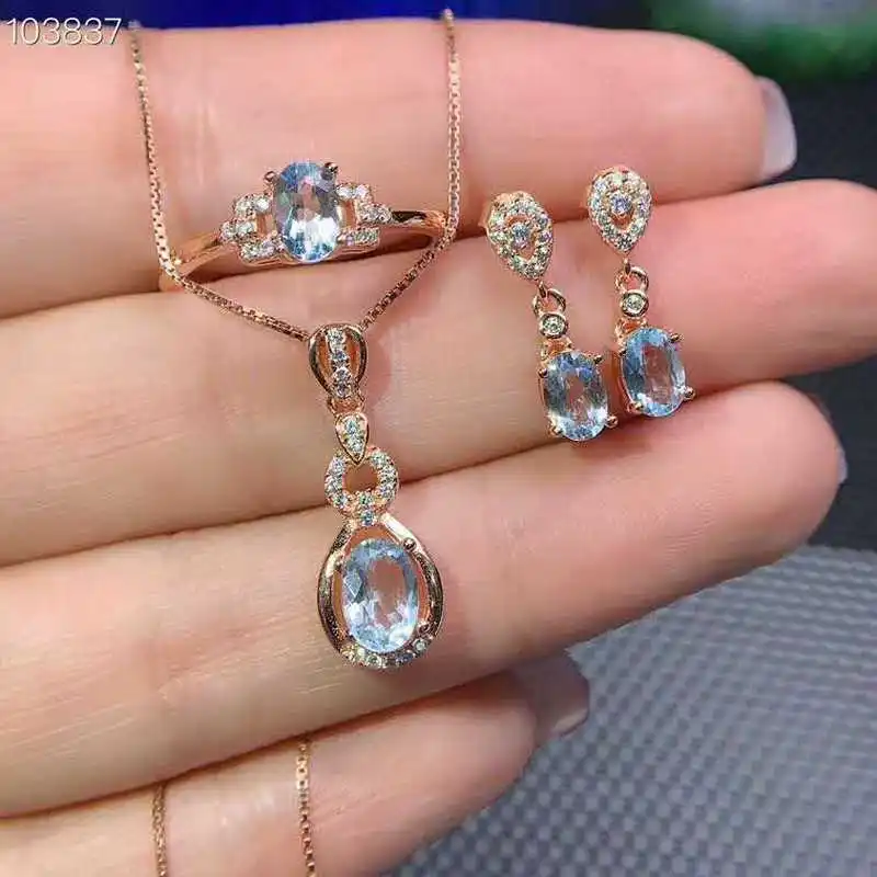 

Video! Fidelity Natural 5*7mm Aquamarine s925 sterling silver fresh fine jewelry sets for women natural light blue gemstone