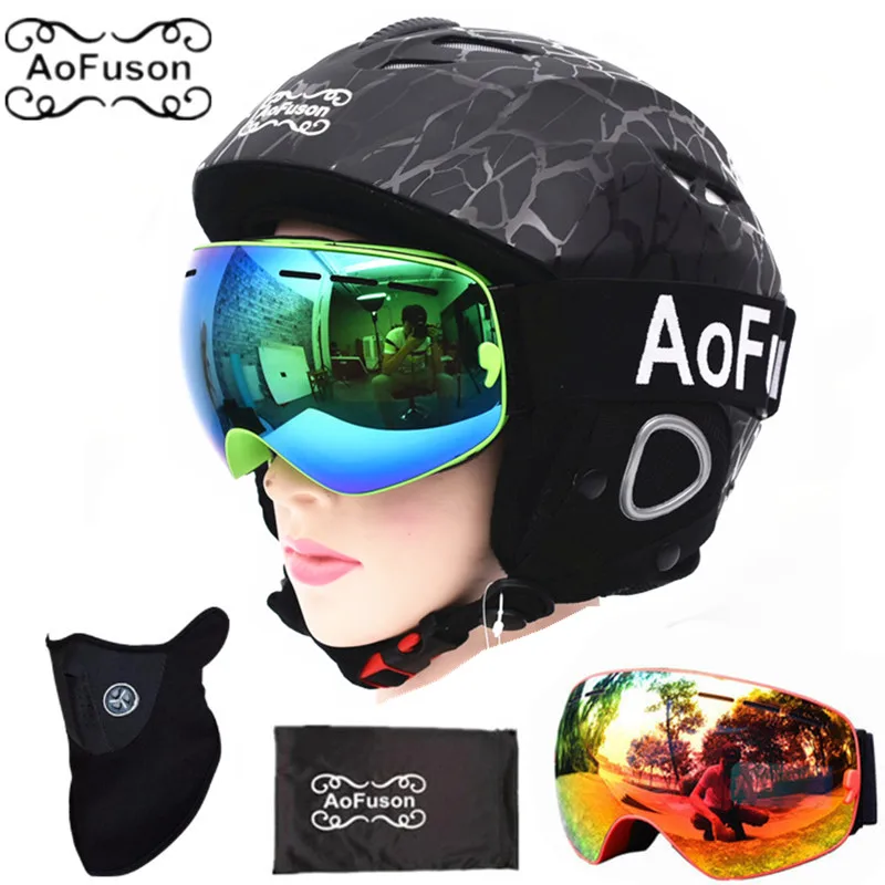 Сноуборд Лыжный шлем с Анти-Туман Лыжные очки интегрально-формованные дышащий шлем двухслойные большие видения лыжные очки