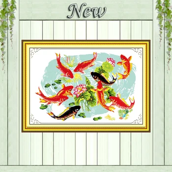 

Nine fishes play with lotus animals decor DIY Needlework Kits Counted Print on canvas DMC Embroidery Sets 14CT 11CT Cross Stitch