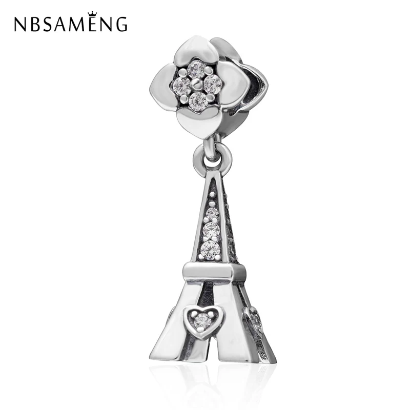

New 100% 925 Sterling Silver Bead Paris Eiffel Tower Crystal Charms with Flower Fit Pandora Bracelets Diy Jewelry Making Gift