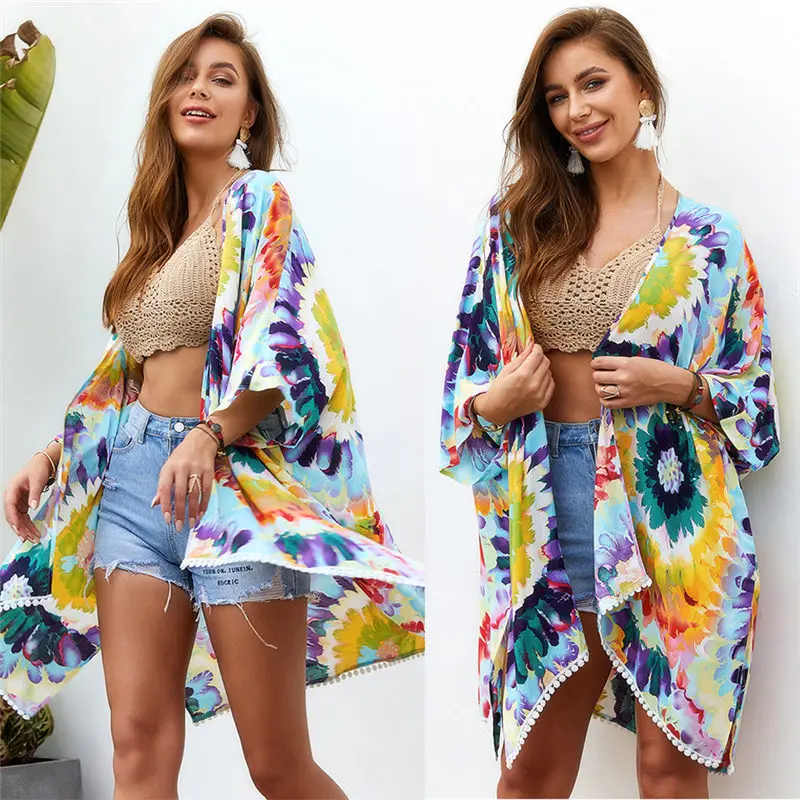 

Women Beach Cover Up Summer Swimsuit Beachwear Swimwear Floral Top Bikini Cover Up Blouse Shawl Open Stitch Top