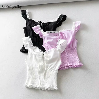 

SheMujerSky Sexy Lace Spliced White Tank Tops 2019 Summer Elastic Top Ruffles Bandage Black Satin Top kleding vrouwen