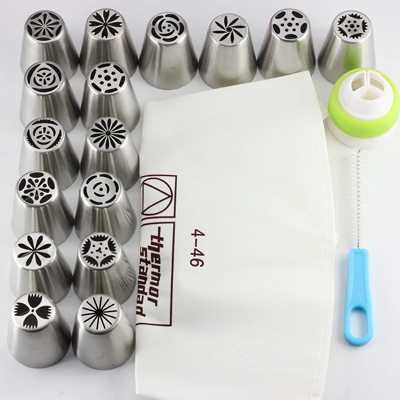 Dropship 16PCS/Set Russian Icing Piping Tips Cotton Pastry Bag Coupler Pastry Nozzles Brush