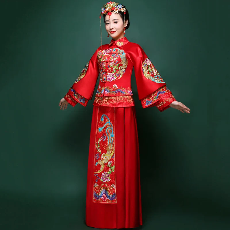Платье с расклешенными рукавами элегантные женские Cheongsam платье в китайском стиле Для женщин Новинка отложной воротник платье Ципао с вышивкой в виде феникса Королевский свадебное платье