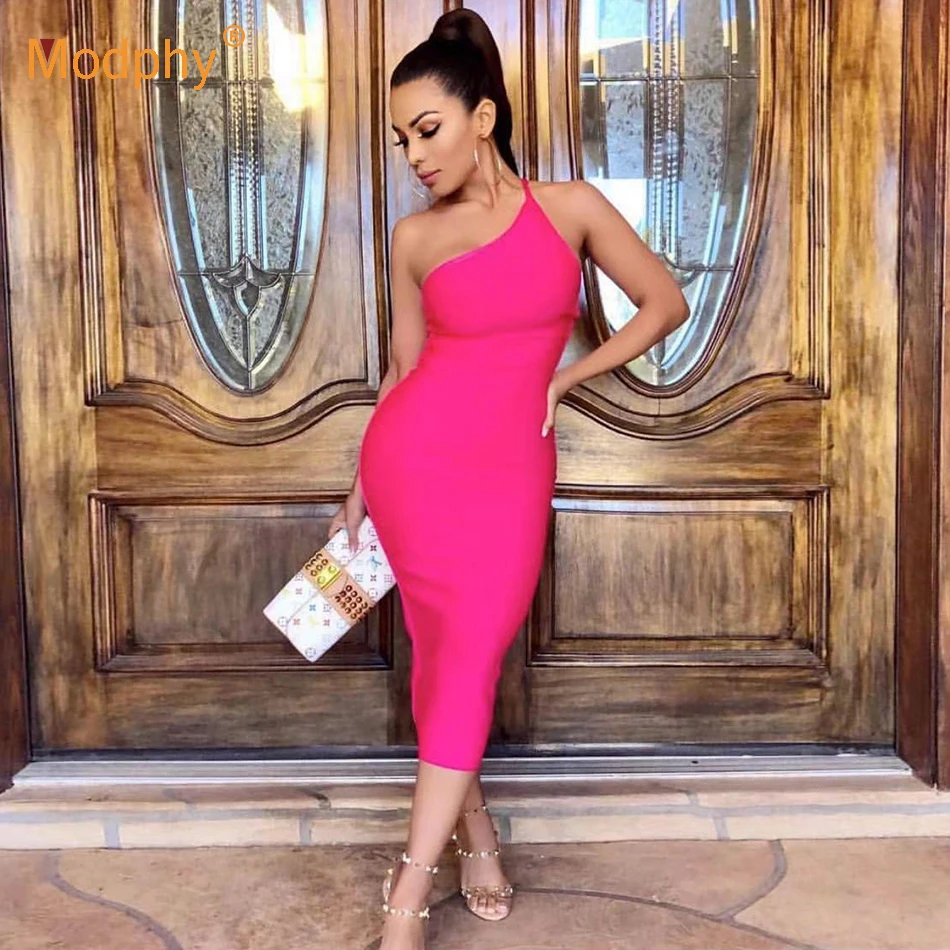 

2019 Summer Sexy Bandage Dress Rose Red Women's Sleeveless Shoulder Halter Bodycon Dress Club Celebrity Evening Party Vestidos