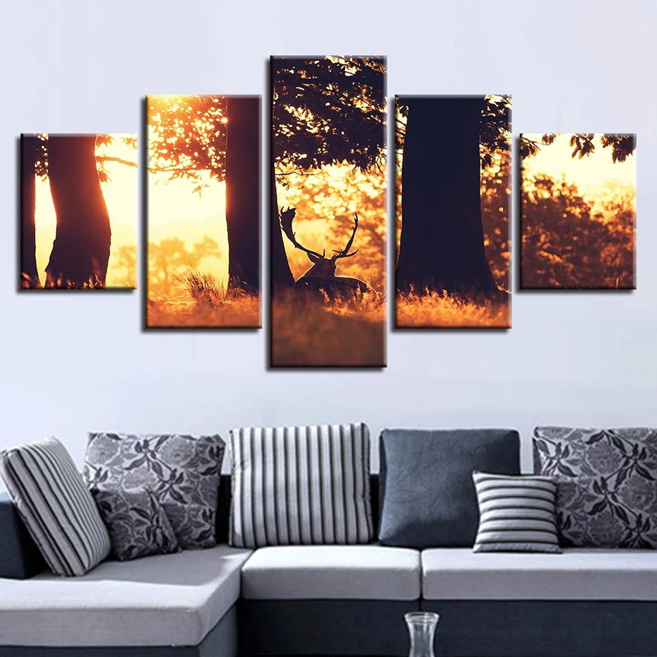 

Modern Home Decoration Canvas Painting 5 Pieces HD Prints Deer Wall Art Tree Modular Forest Landscape Pictures Artwork Poster