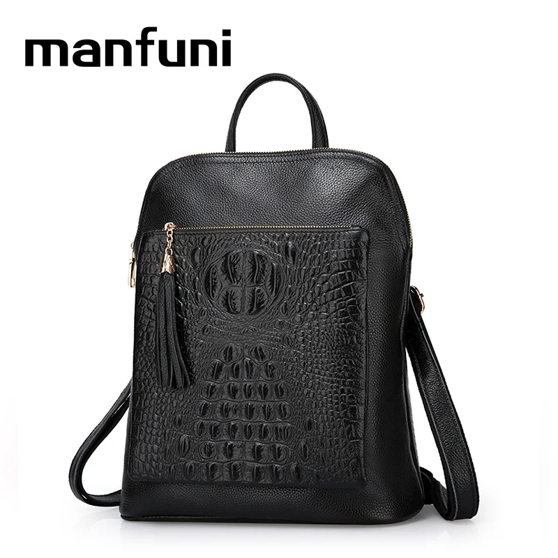 

MANFUNI Women's Backpacks Real Genuine Leather vintage Alligator Pattern Casual Women Daypacks Bags black travel organizer 0842