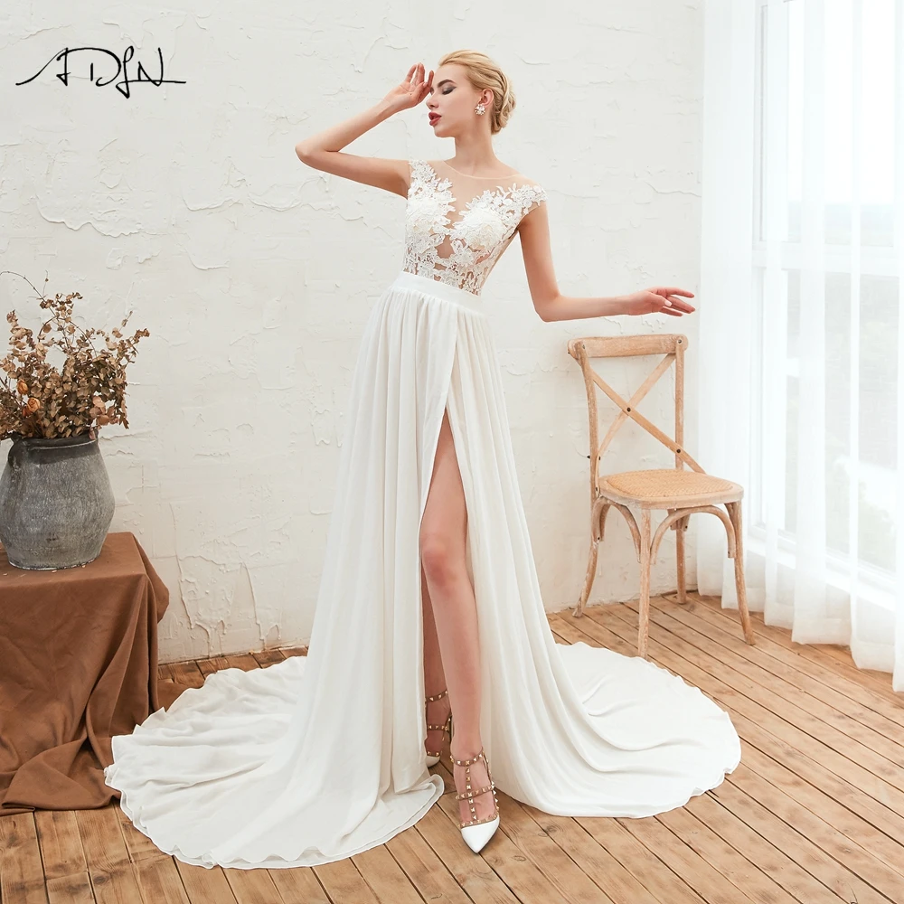

ADLN Beach Lace Appliques Bride Dress New Cap-Sleeves Side Slit White/Ivory Chiffon Bohemian Wedding Dresses 2019